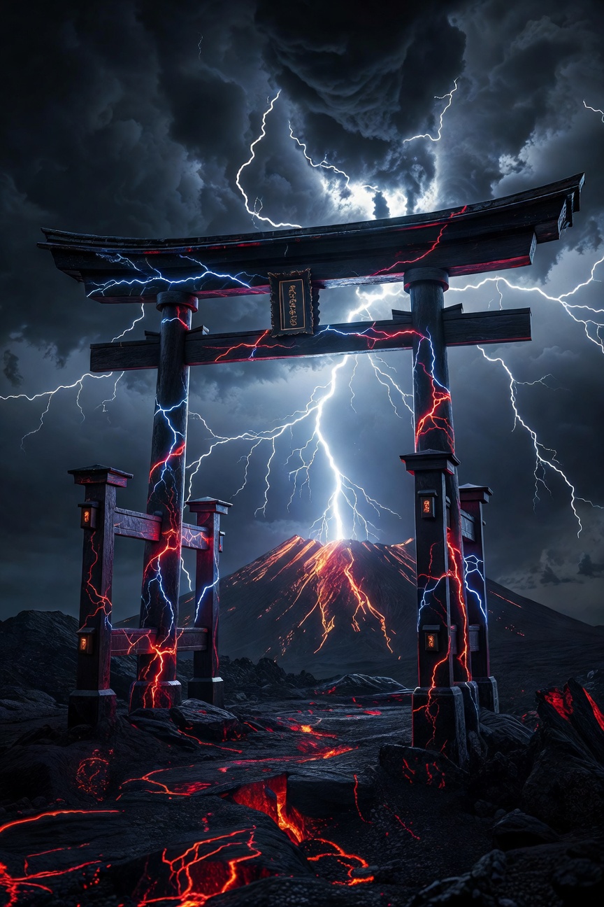 火山と未来的な鳥居 — 炎の門